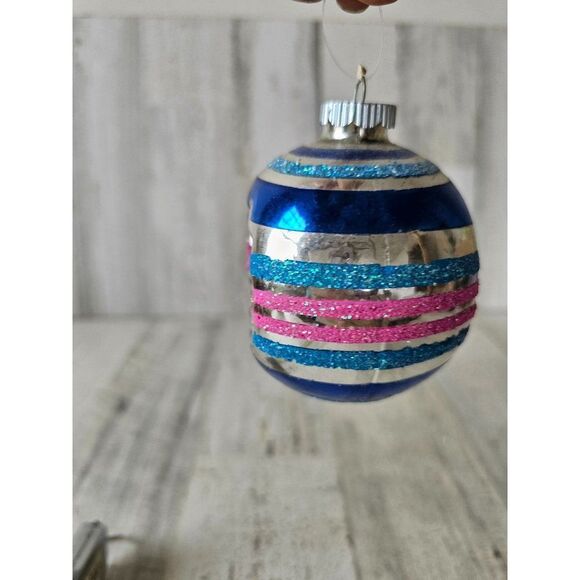 Vintage radko shiny Brite reflector blue striped ball ornament Xmas tree - Picture 2 of 10